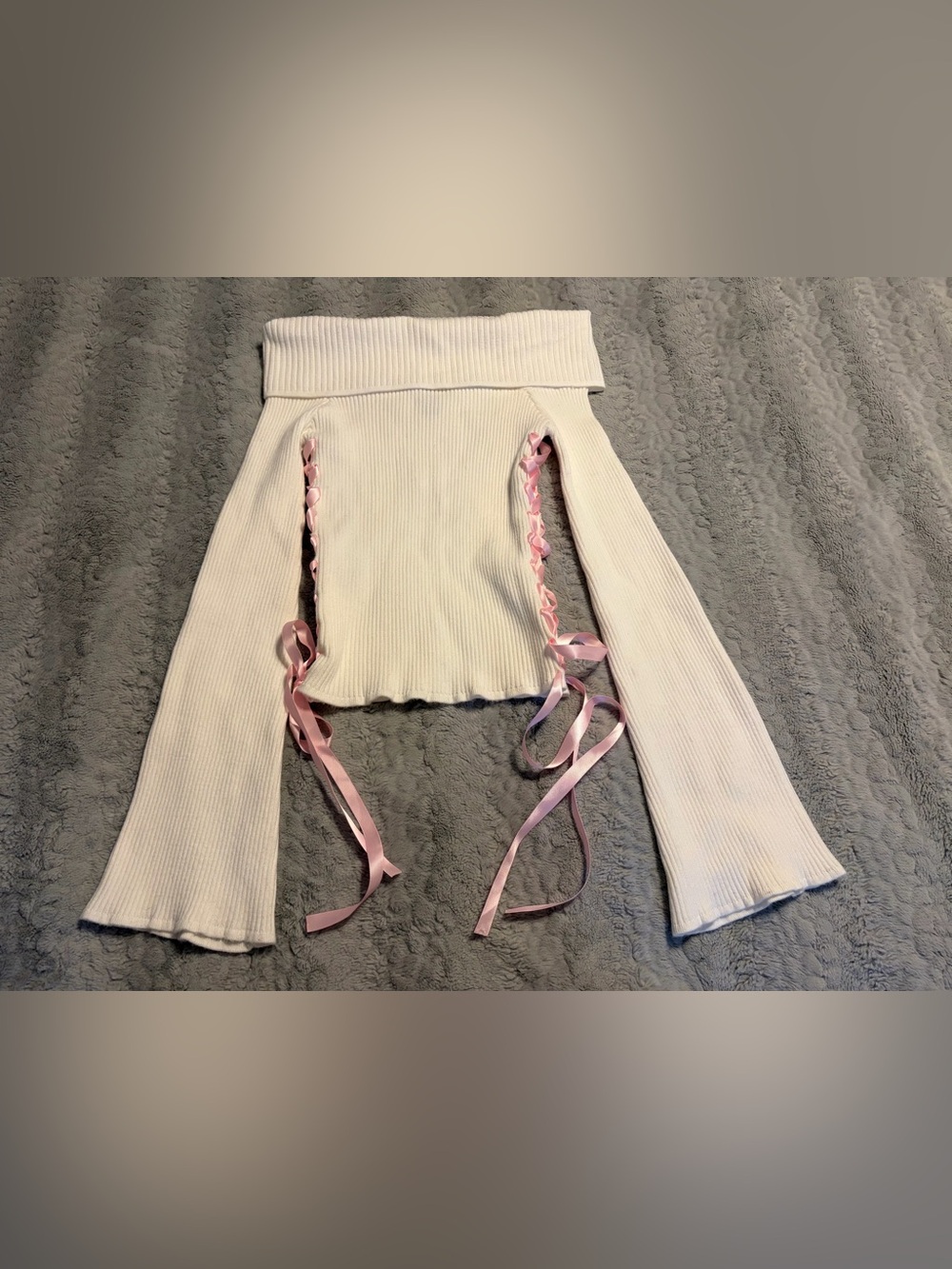 Women's White Ribbed Off the Shoulder Sweater with Pink Ribbon Detail